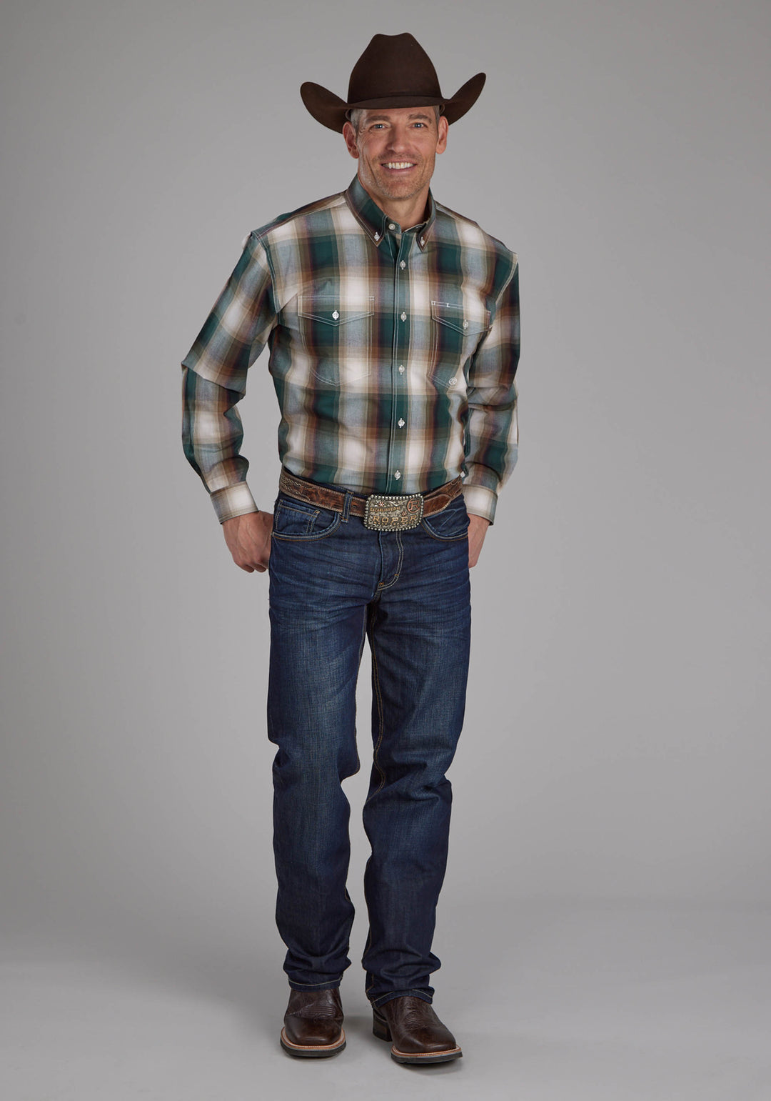 MENS TALL TREE PLAID LONG SLEEVE BUTTON WESTERN SHIRT