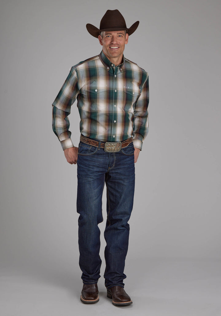 MENS TALL TREE PLAID LONG SLEEVE BUTTON WESTERN SHIRT