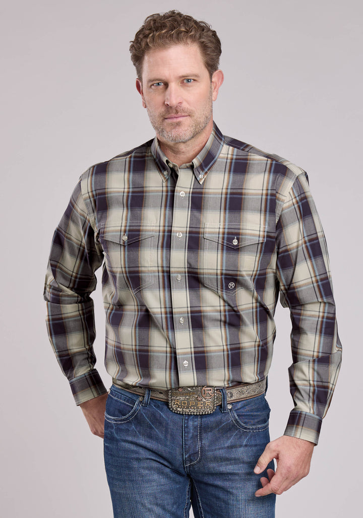 MENS ROPER NIGHT SHADE PLAID LONG SLEEVE BUTTON SHIRT