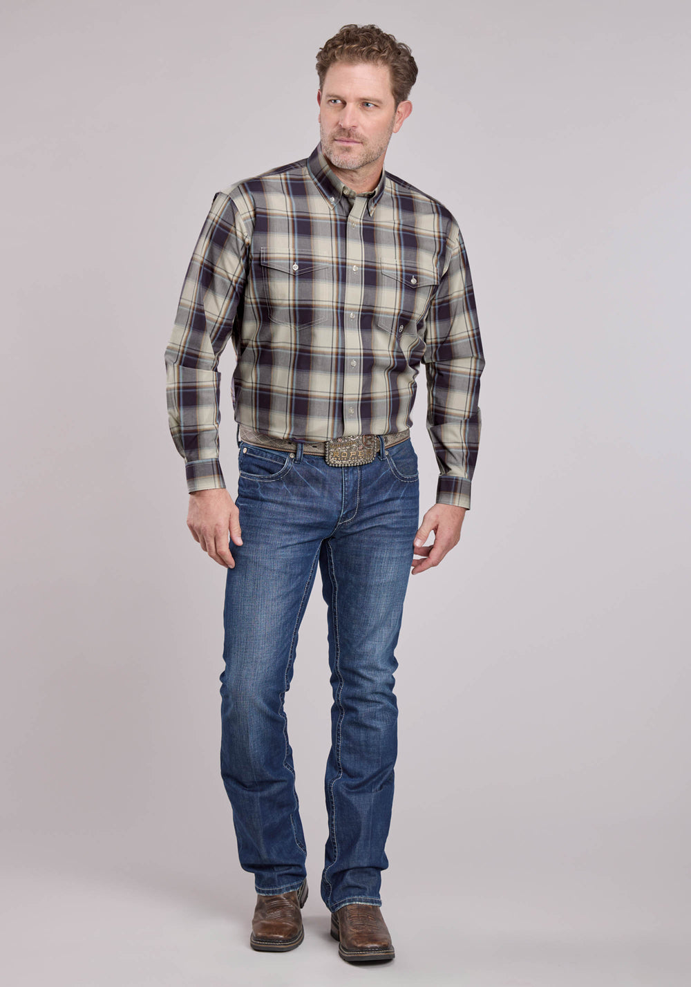 MENS ROPER NIGHT SHADE PLAID LONG SLEEVE BUTTON SHIRT