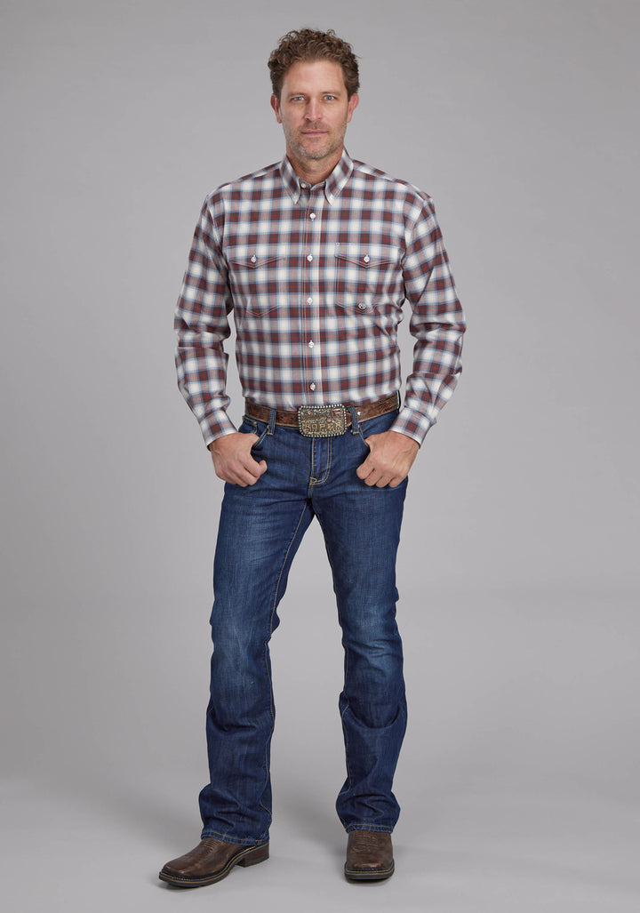 MENS STRETCH PLAID - BROWN LONG SLEEVE BUTTON WESTERN SHIRT