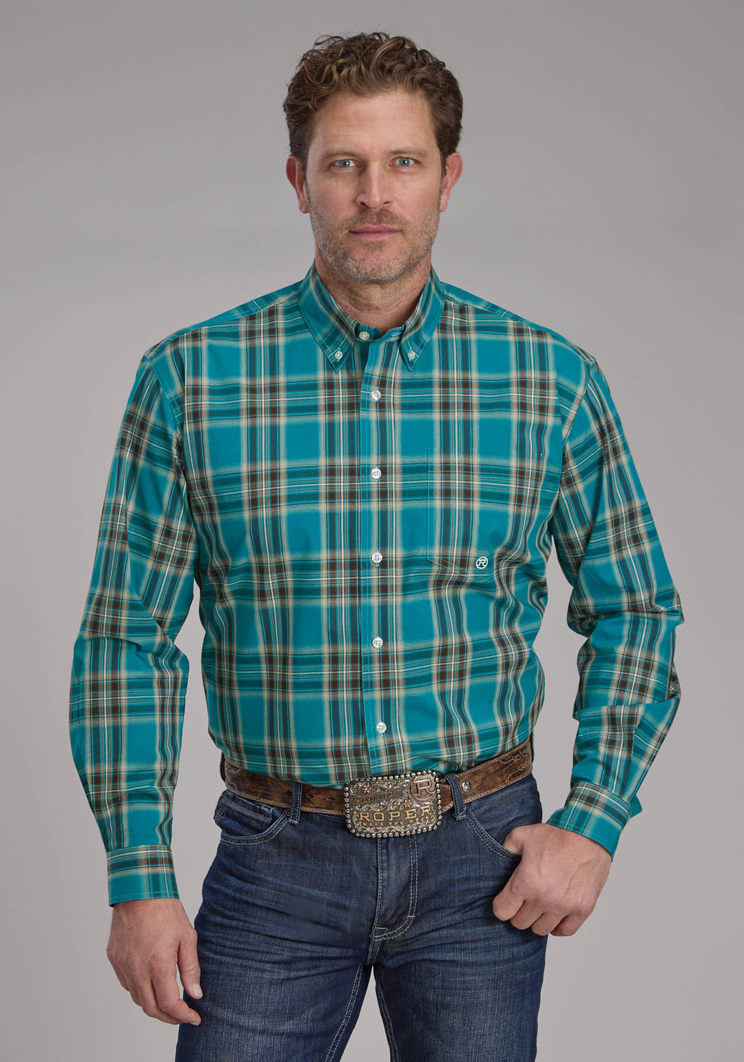 MENS REAL TEAL PLAID LONG SLEEVE BUTTON WESTERN SHIRT