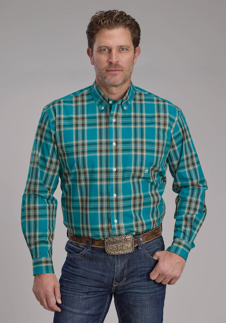 MENS REAL TEAL PLAID LONG SLEEVE BUTTON WESTERN SHIRT