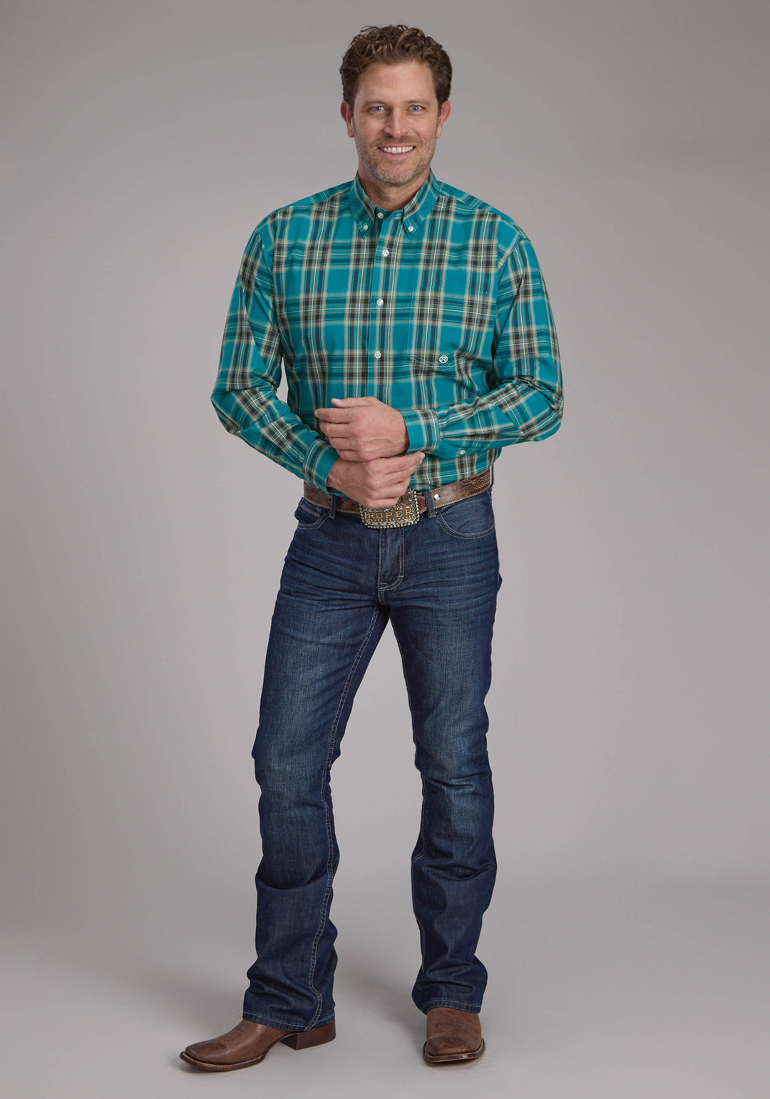 MENS REAL TEAL PLAID LONG SLEEVE BUTTON WESTERN SHIRT