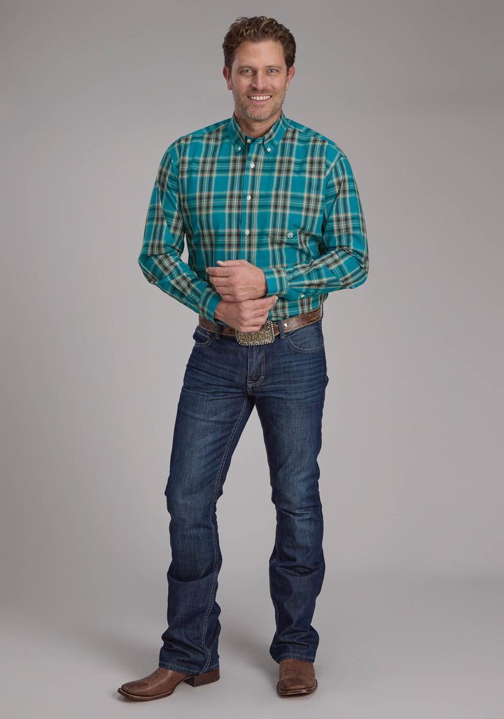 MENS REAL TEAL PLAID LONG SLEEVE BUTTON WESTERN SHIRT