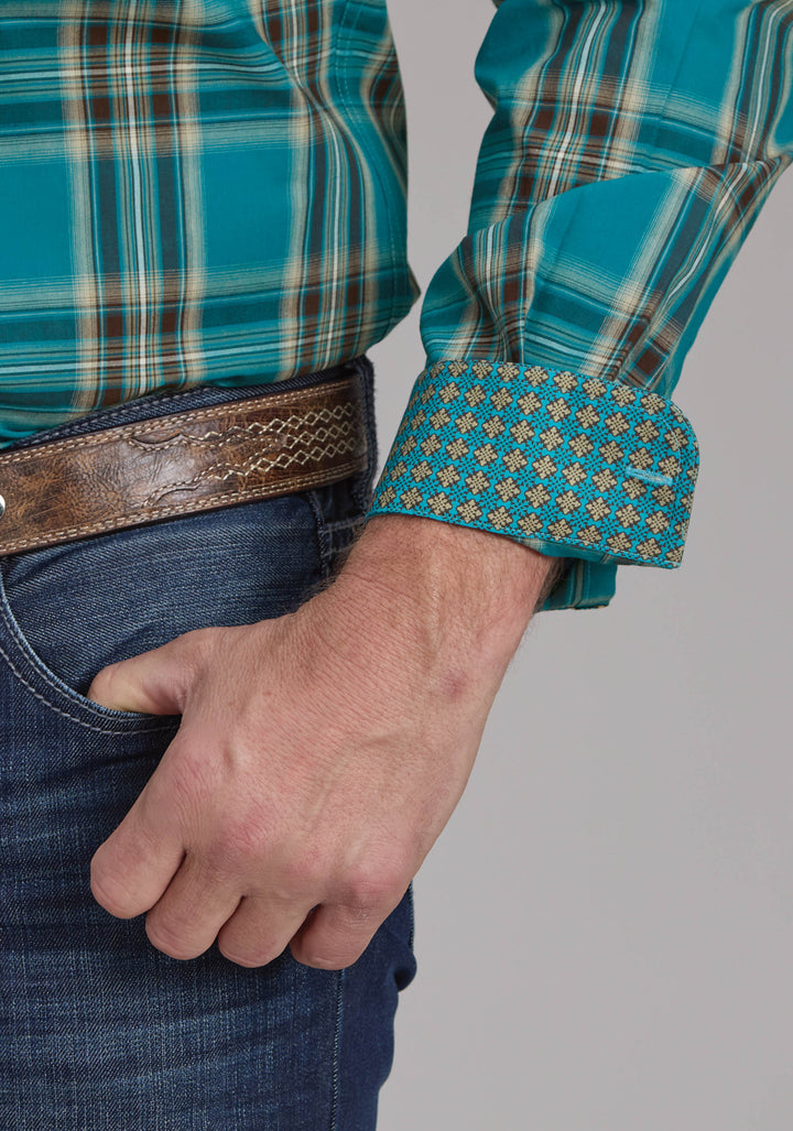 MENS REAL TEAL PLAID LONG SLEEVE BUTTON WESTERN SHIRT