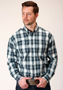 MENS LONG SLEEVE BUTTON BLUE WEST PLAID WESTERN SHIRT