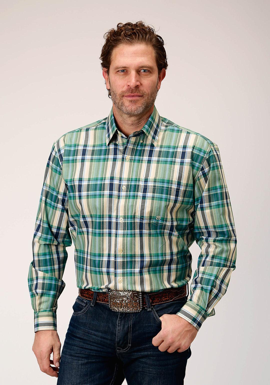 MENS LONG SLEEVE BUTTON OCEAN PLAID WESTERN SHIRT