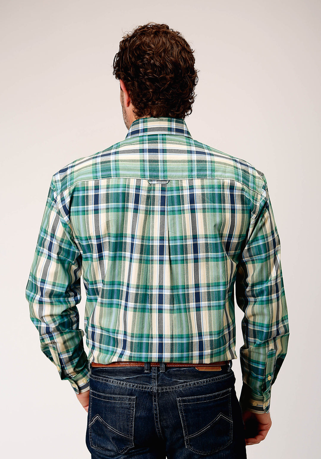 MENS LONG SLEEVE BUTTON OCEAN PLAID WESTERN SHIRT