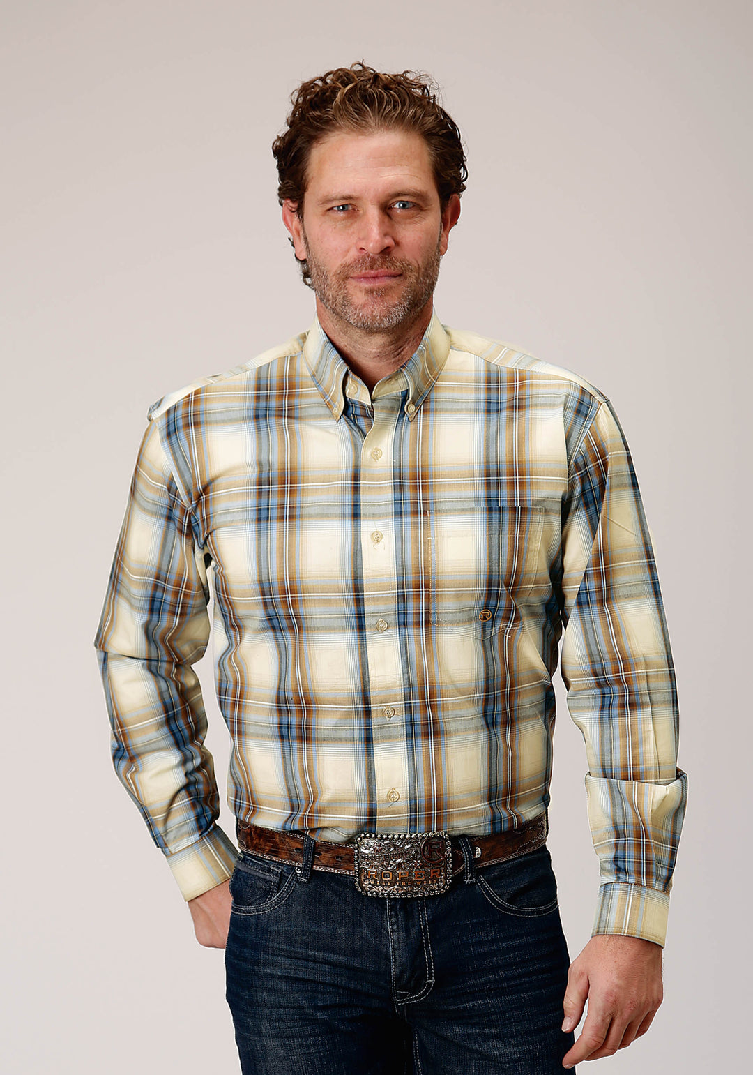 MENS LONG SLEEVE BUTTON DESERT BLUE PLAID WESTERN SHIRT