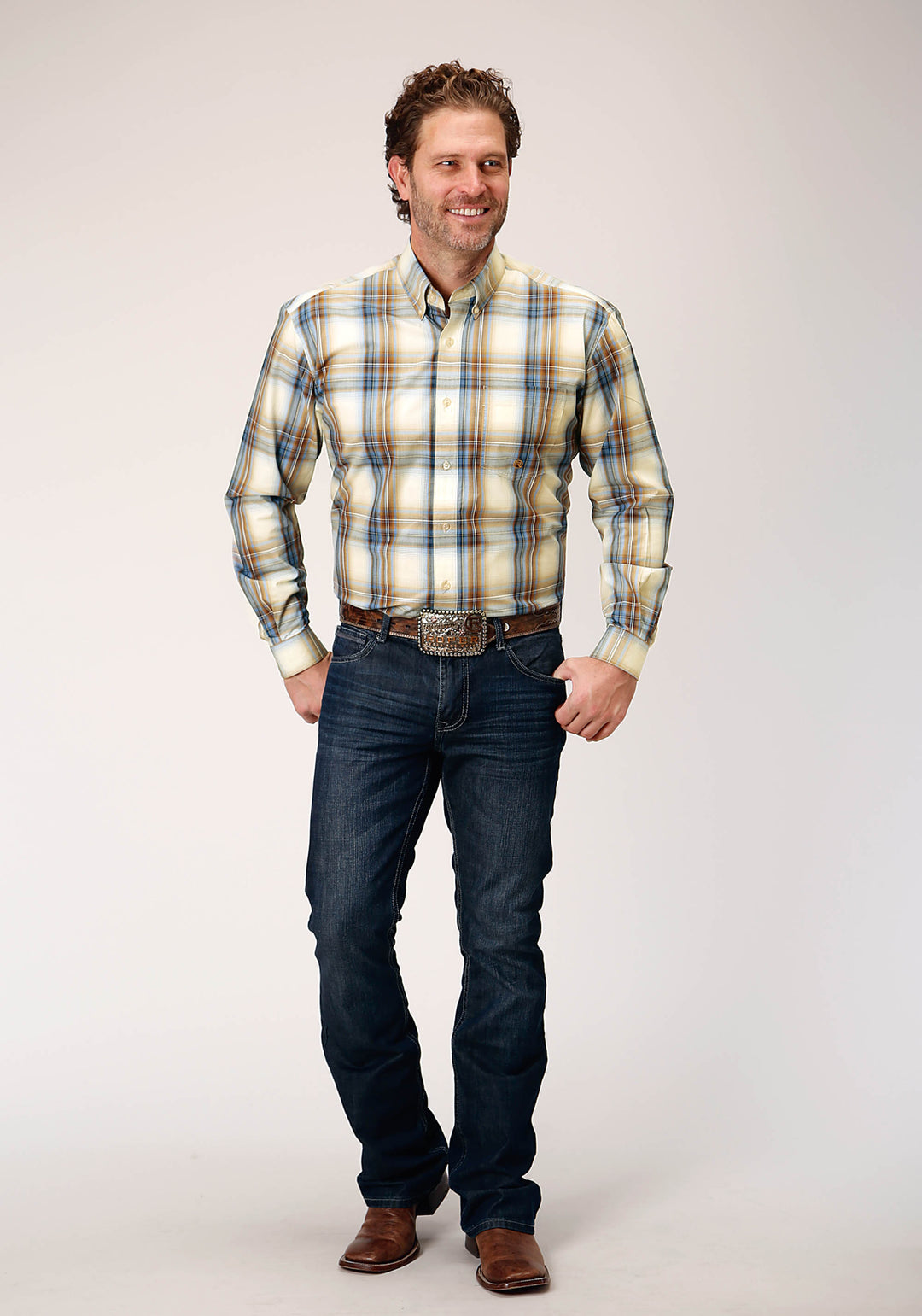 MENS LONG SLEEVE BUTTON DESERT BLUE PLAID WESTERN SHIRT