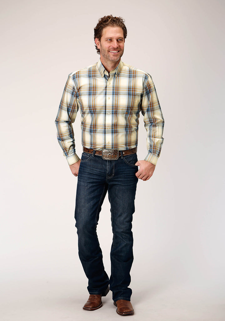 MENS LONG SLEEVE BUTTON DESERT BLUE PLAID WESTERN SHIRT