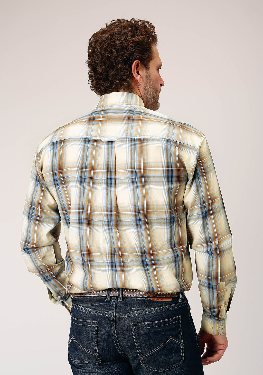 MENS LONG SLEEVE BUTTON DESERT BLUE PLAID WESTERN SHIRT