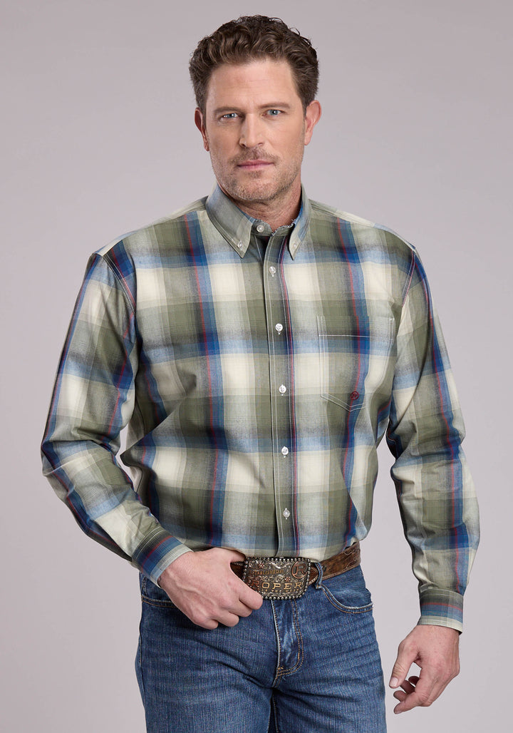 MENS LONG SLEEVE BUTTON EVERGREEN PLAID WESTERN SHIRT