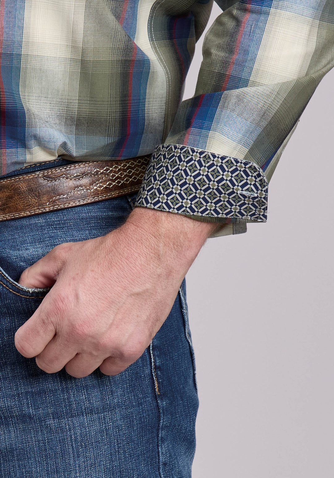 MENS LONG SLEEVE BUTTON EVERGREEN PLAID WESTERN SHIRT