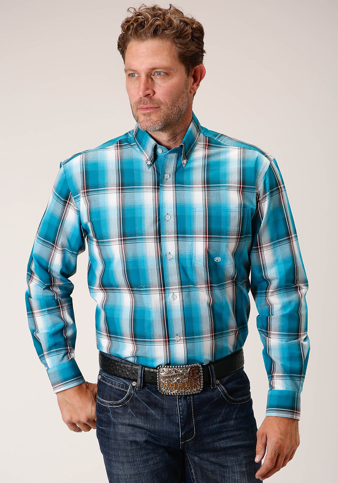 MENS LONG SLEEVE BUTTON DEEP POOL OMBRE WESTERN SHIRT