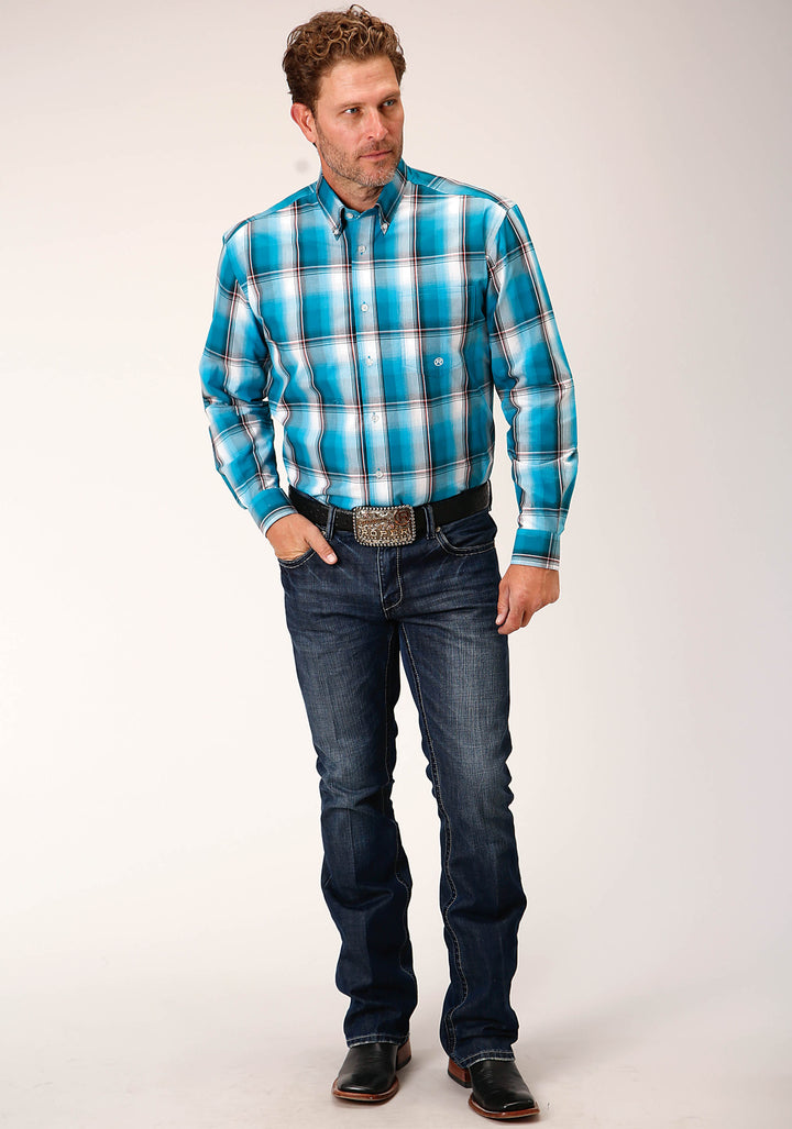 MENS LONG SLEEVE BUTTON DEEP POOL OMBRE WESTERN SHIRT