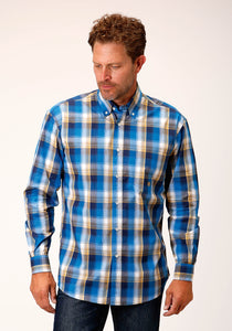 MENS LONG SLEEVE BUTTON CLEAR SKY PLAID WESTERN SHIRT