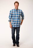 MENS LONG SLEEVE BUTTON CLEAR SKY PLAID WESTERN SHIRT