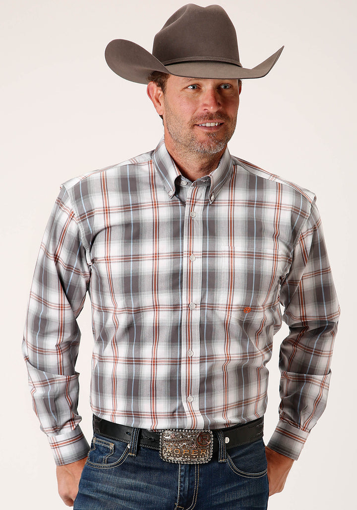 MENS LONG SLEEVE BUTTON SMOKEY PLAID WESTERN SHIRT