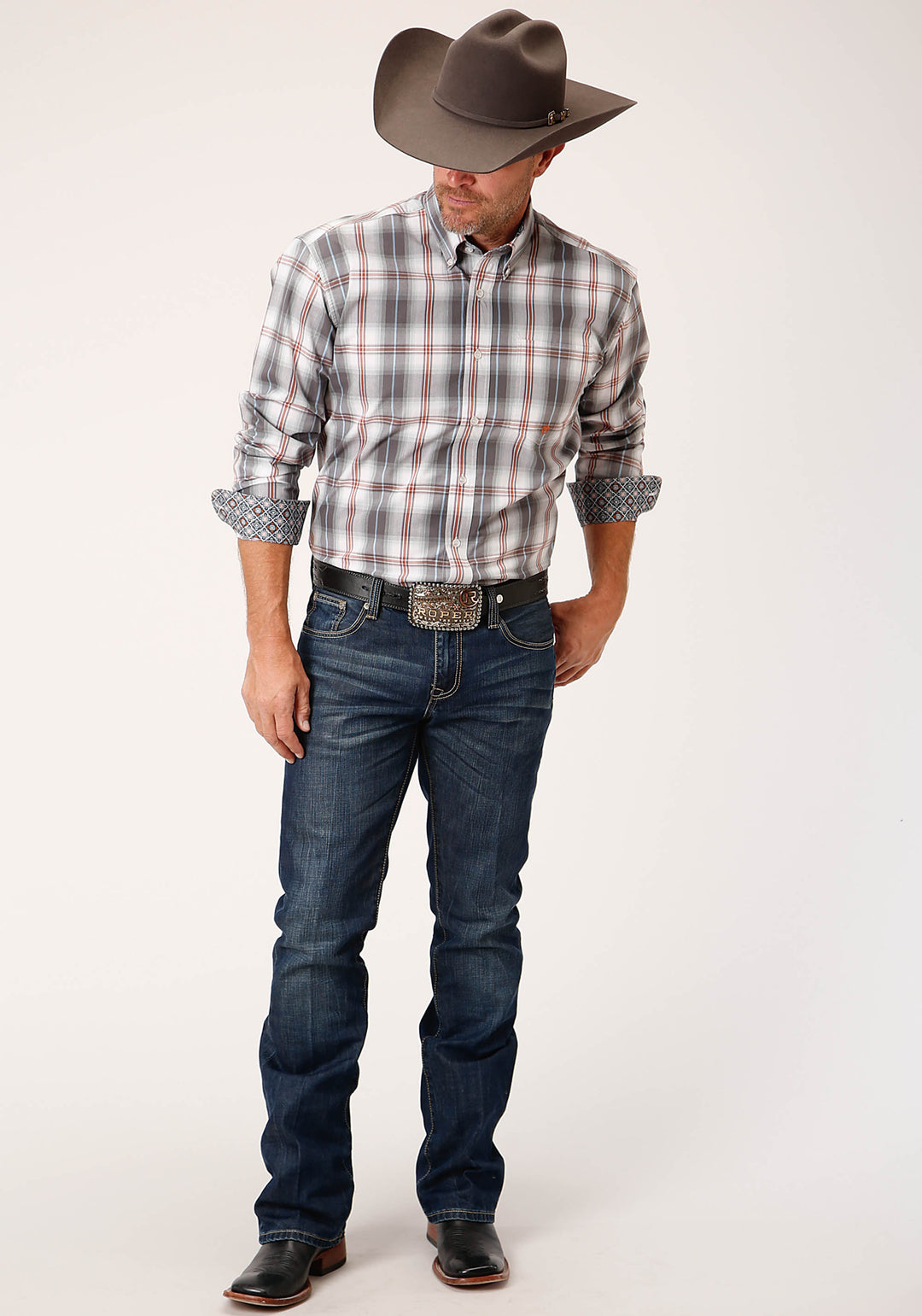 MENS LONG SLEEVE BUTTON SMOKEY PLAID WESTERN SHIRT