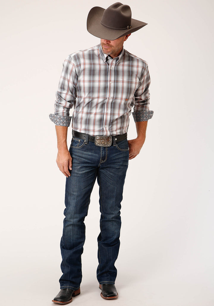 MENS LONG SLEEVE BUTTON SMOKEY PLAID WESTERN SHIRT