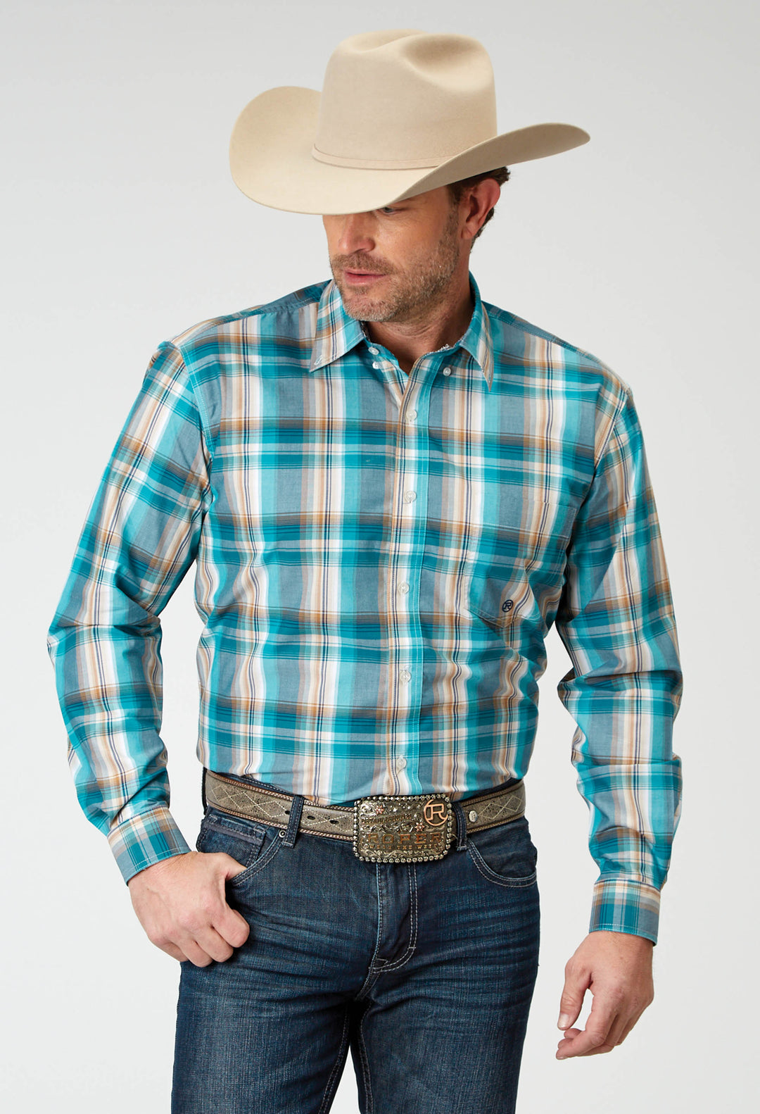 MENS LONG SLEEVE BUTTON WATERS EDGE PLAID WESTERN SHIRT