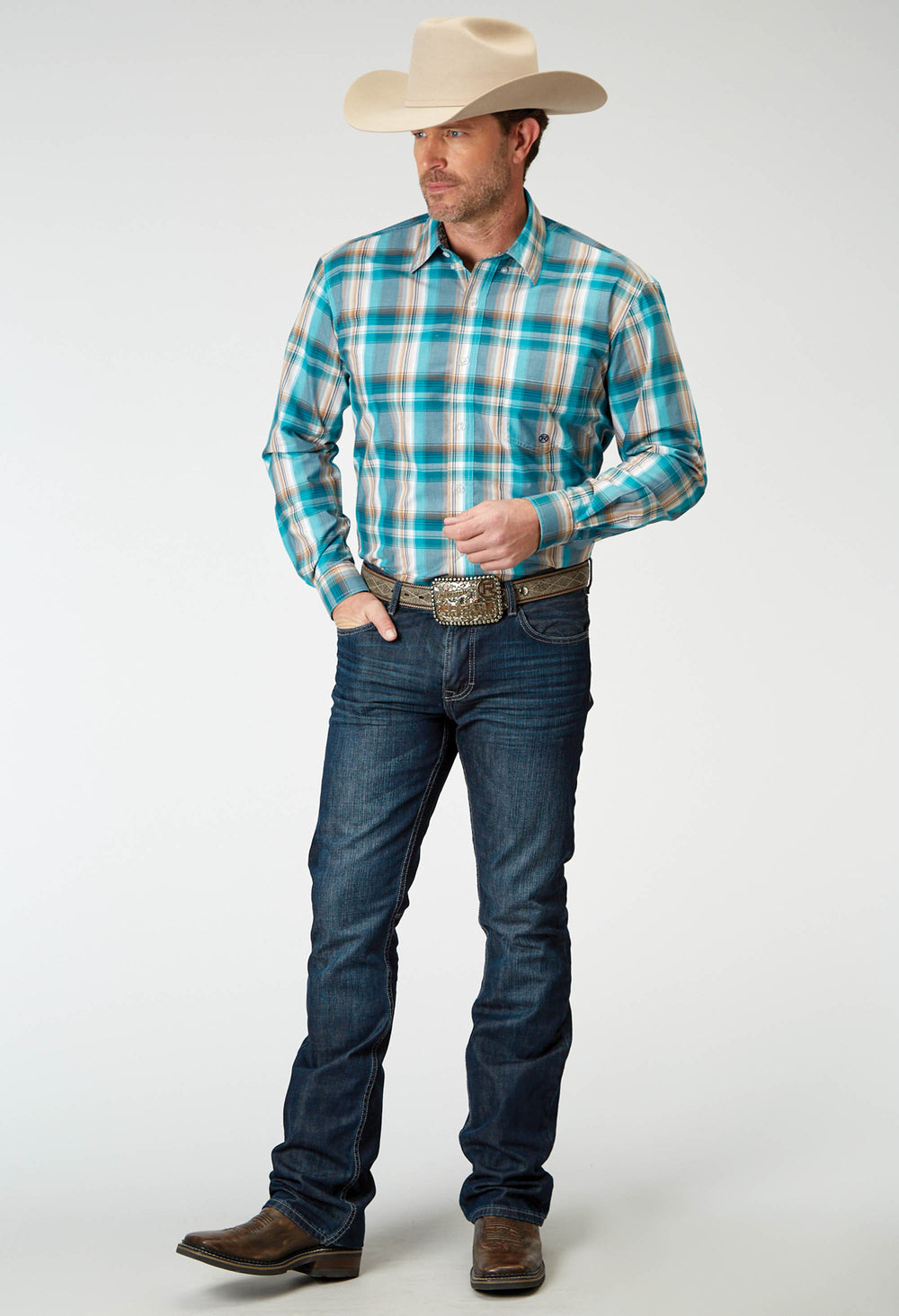 MENS LONG SLEEVE BUTTON WATERS EDGE PLAID WESTERN SHIRT