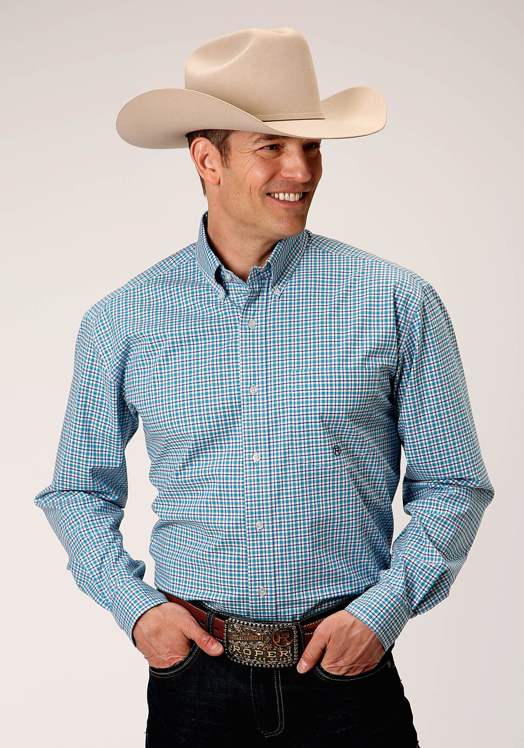 MENS LONG SLEEVE BUTTON STRETCH CHECK WESTERN SHIRT