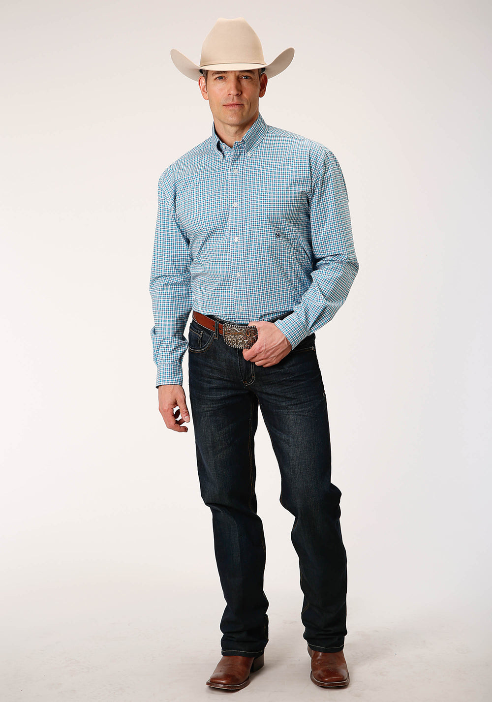 MENS LONG SLEEVE BUTTON STRETCH CHECK WESTERN SHIRT
