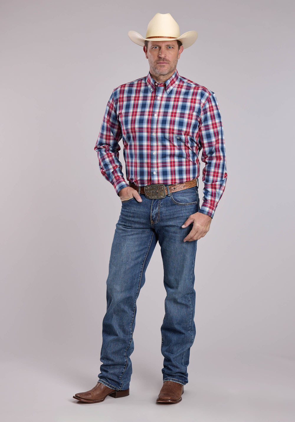 MENS ROPER AMERICAN WEST PLAID LONG SLEEVE BUTTON SHIRT