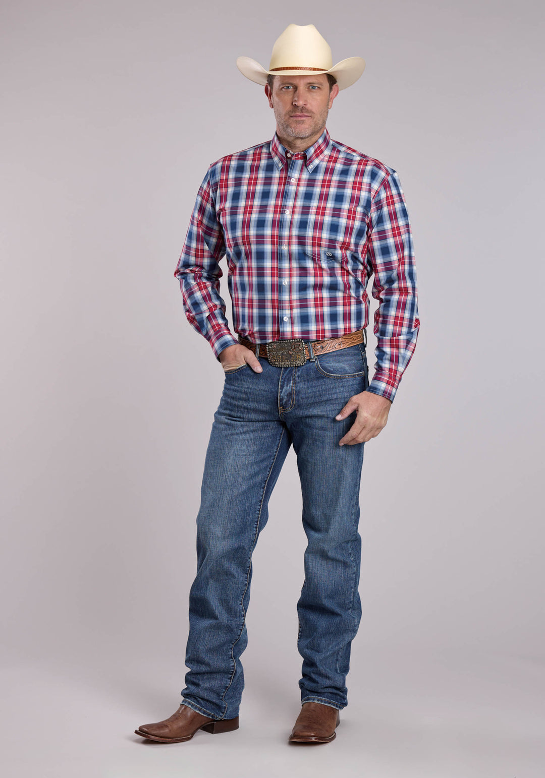 MENS ROPER AMERICAN WEST PLAID LONG SLEEVE BUTTON SHIRT