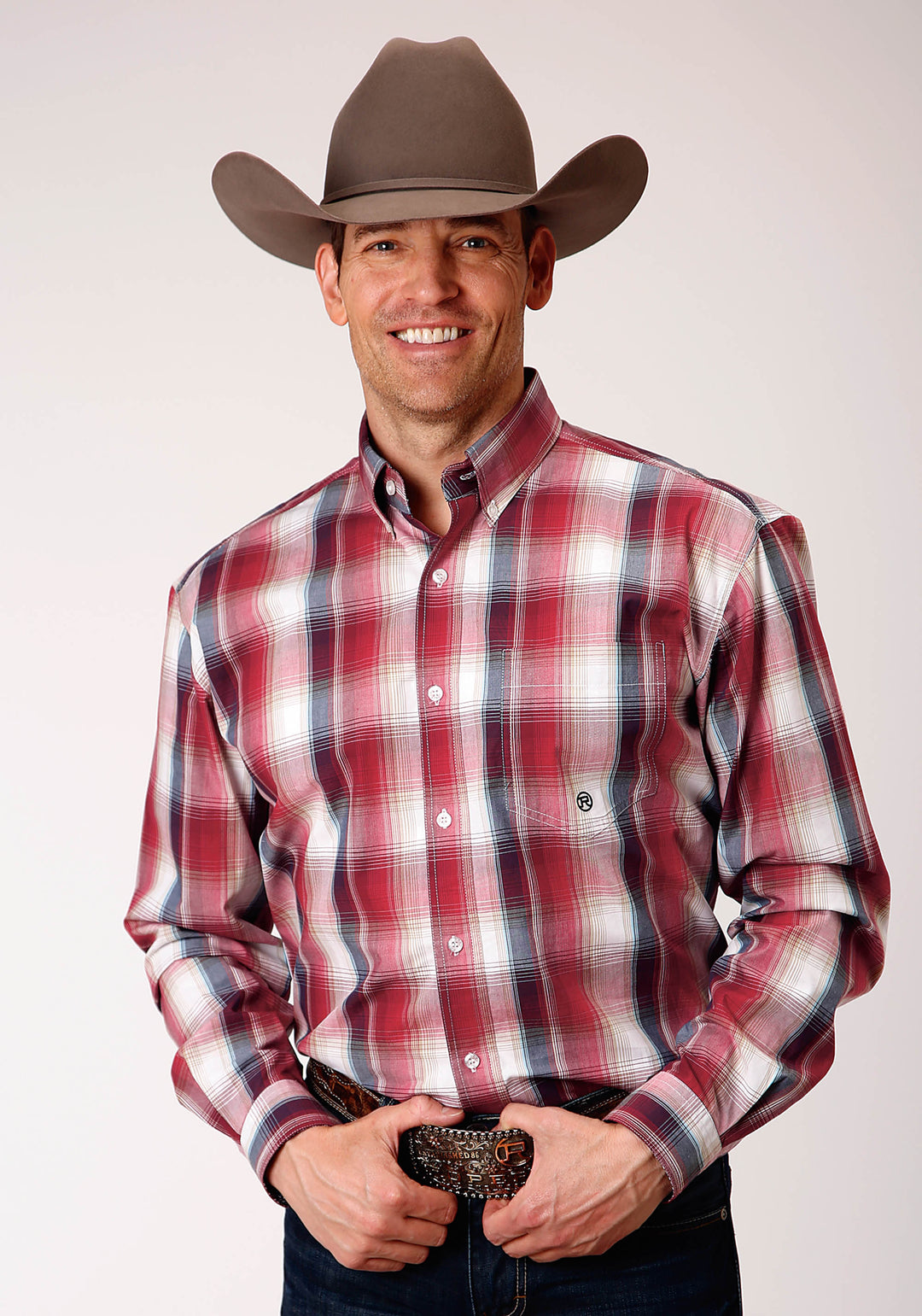 MENS LONG SLEEVE BUTTON RED APPLE PLAID WESTERN SHIRT