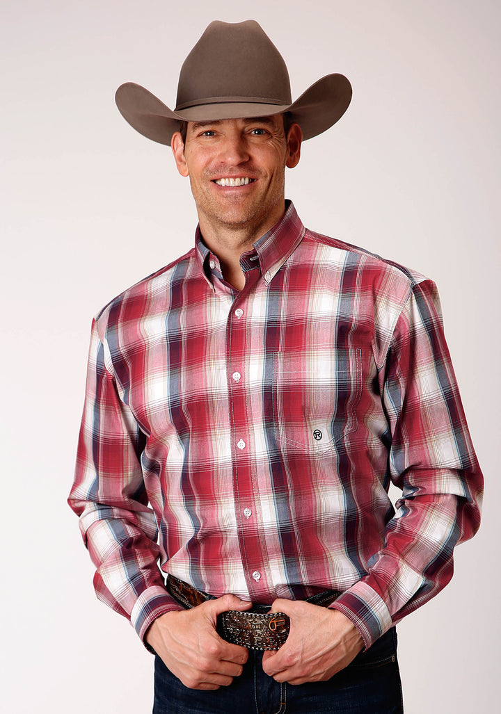 MENS LONG SLEEVE BUTTON RED APPLE PLAID WESTERN SHIRT