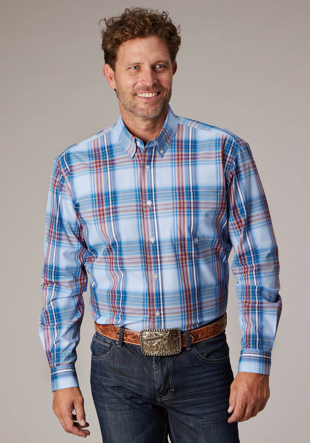 MENS FOREVER PLAID LONG SLEEVE BUTTON WESTERN SHIRT