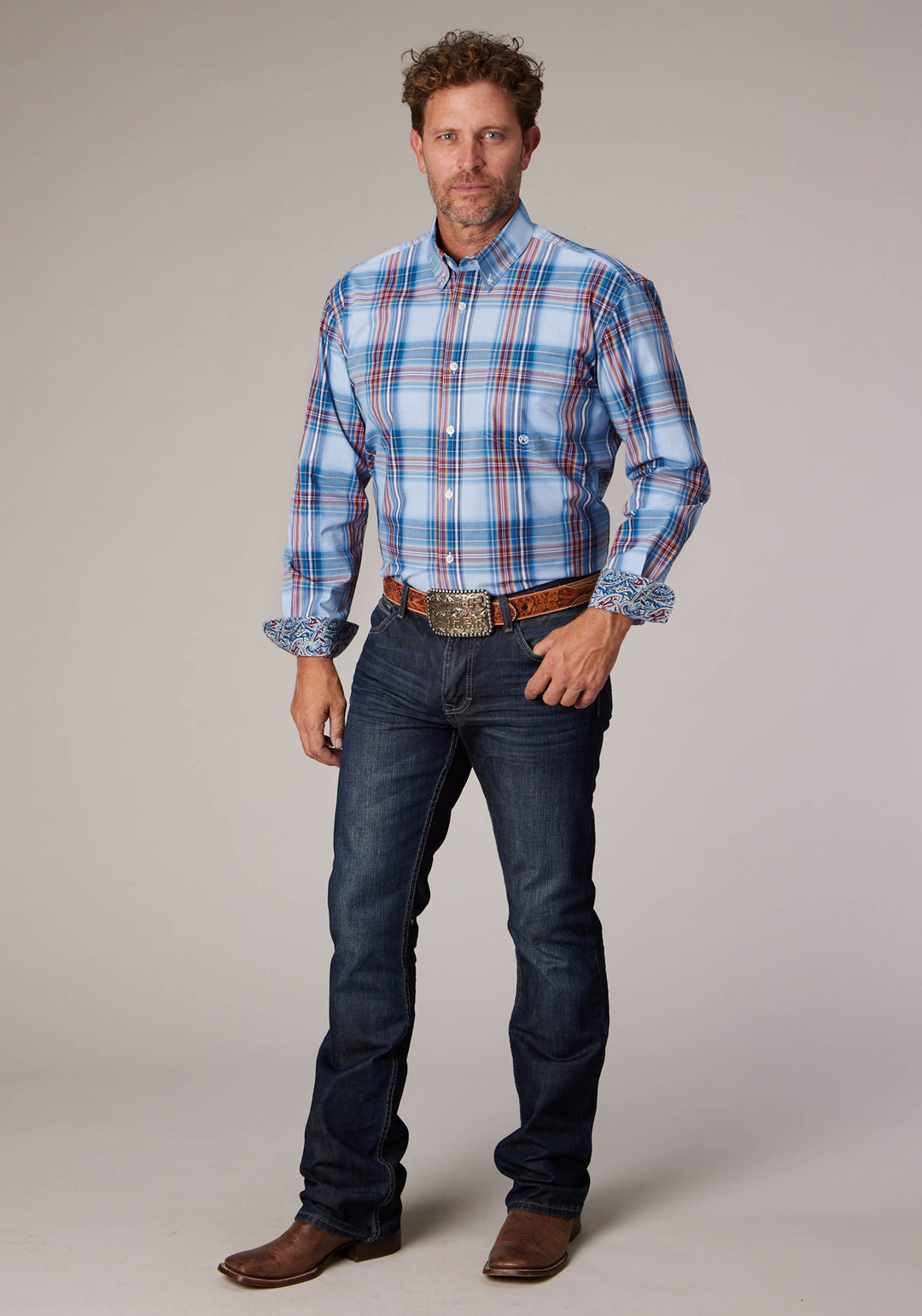 MENS FOREVER PLAID LONG SLEEVE BUTTON WESTERN SHIRT
