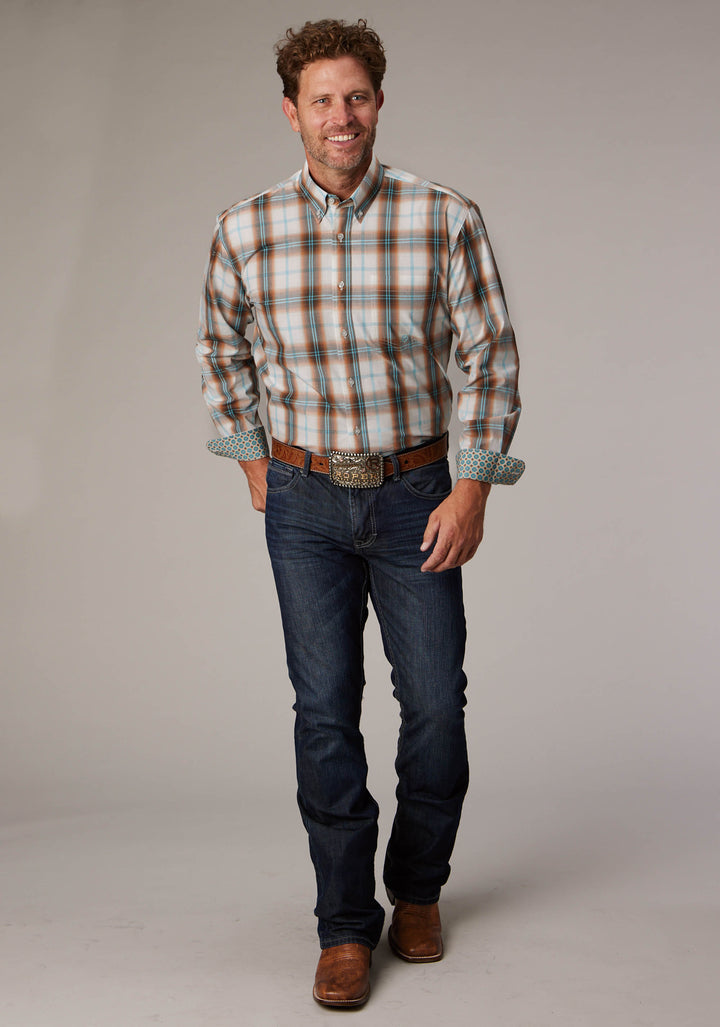 MENS DESERT SPRING PLAID LONG SLEEVE BUTTON WESTERN SHIRT