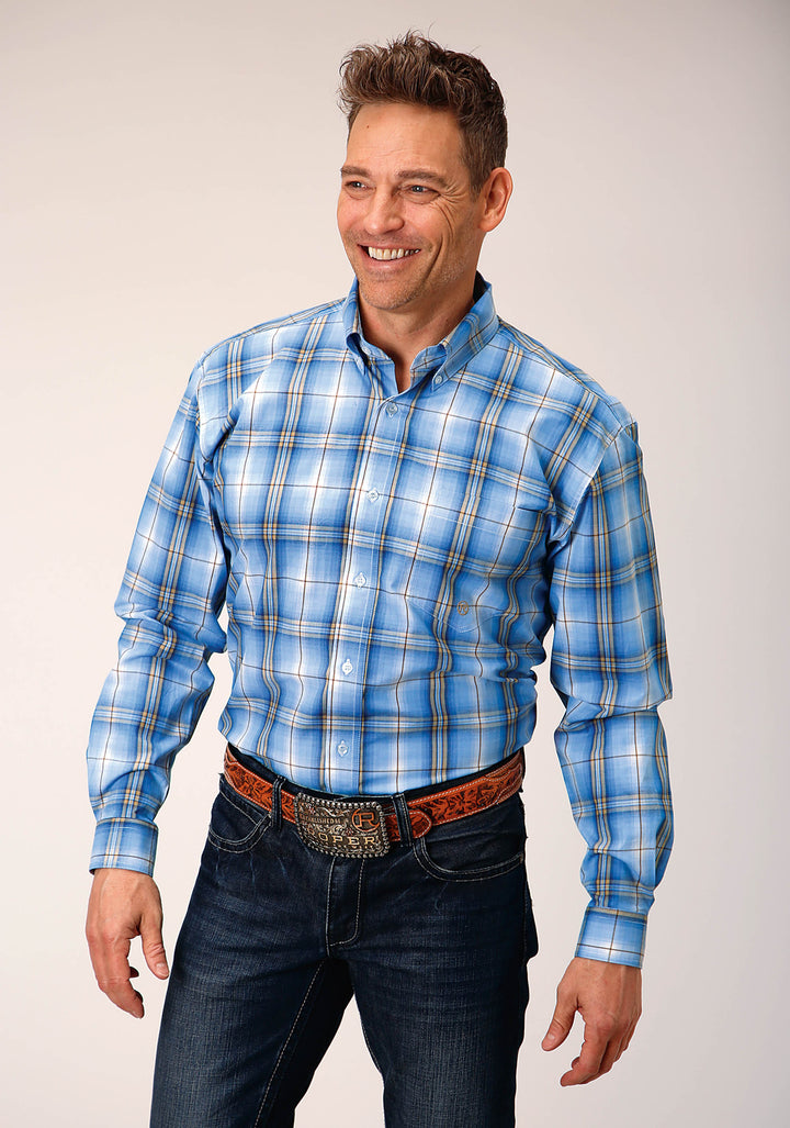 MENS LONG SLEEVE BUTTON CORNFLOWER PLAID WESTERN SHIRT