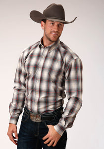 MENS GRAY WHITE AND RED PLAID LONG SLEEVE BUTTON WESTERN SHIRT