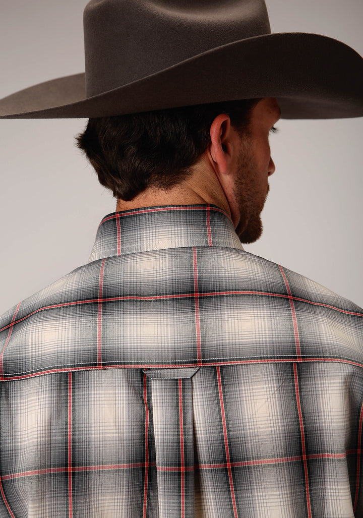 MENS GRAY WHITE AND RED PLAID LONG SLEEVE BUTTON WESTERN SHIRT