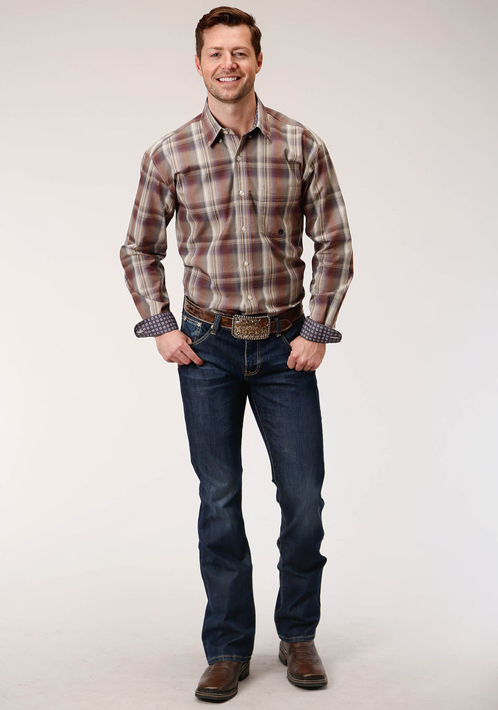 MENS LONG SLEEVE BUTTON CIDER PLAID WESTERN SHIRT