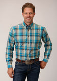 MENS LONG SLEEVE BUTTON SANDY TURQUOISE PLAID WESTERN SHIRT