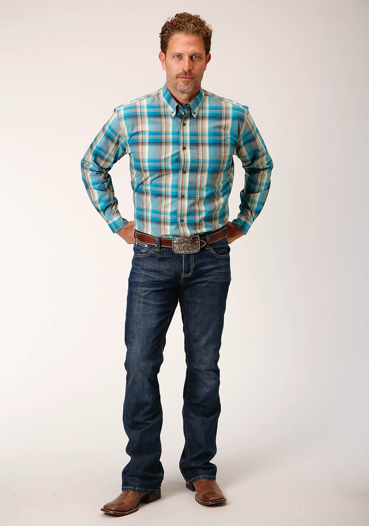 MENS LONG SLEEVE BUTTON SANDY TURQUOISE PLAID WESTERN SHIRT