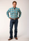 MENS LONG SLEEVE BUTTON SANDY TURQUOISE PLAID WESTERN SHIRT