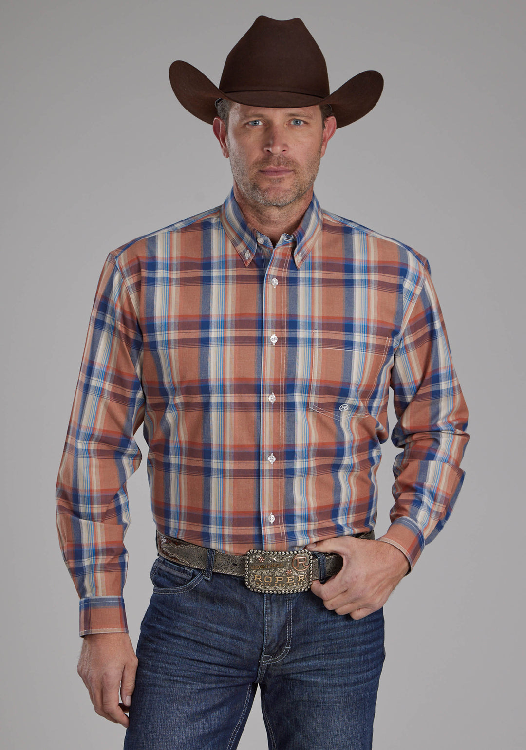 MENS FALLING LEAVES PLAID LONG SLEEVE BUTTON WESTERN SHIRT