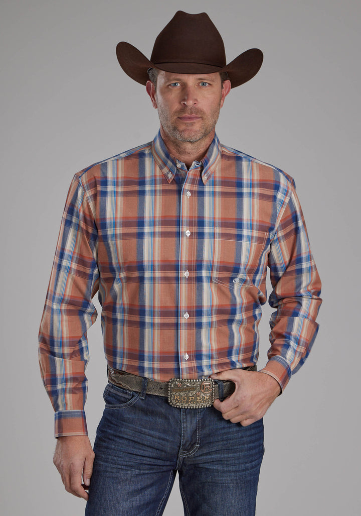 MENS FALLING LEAVES PLAID LONG SLEEVE BUTTON WESTERN SHIRT