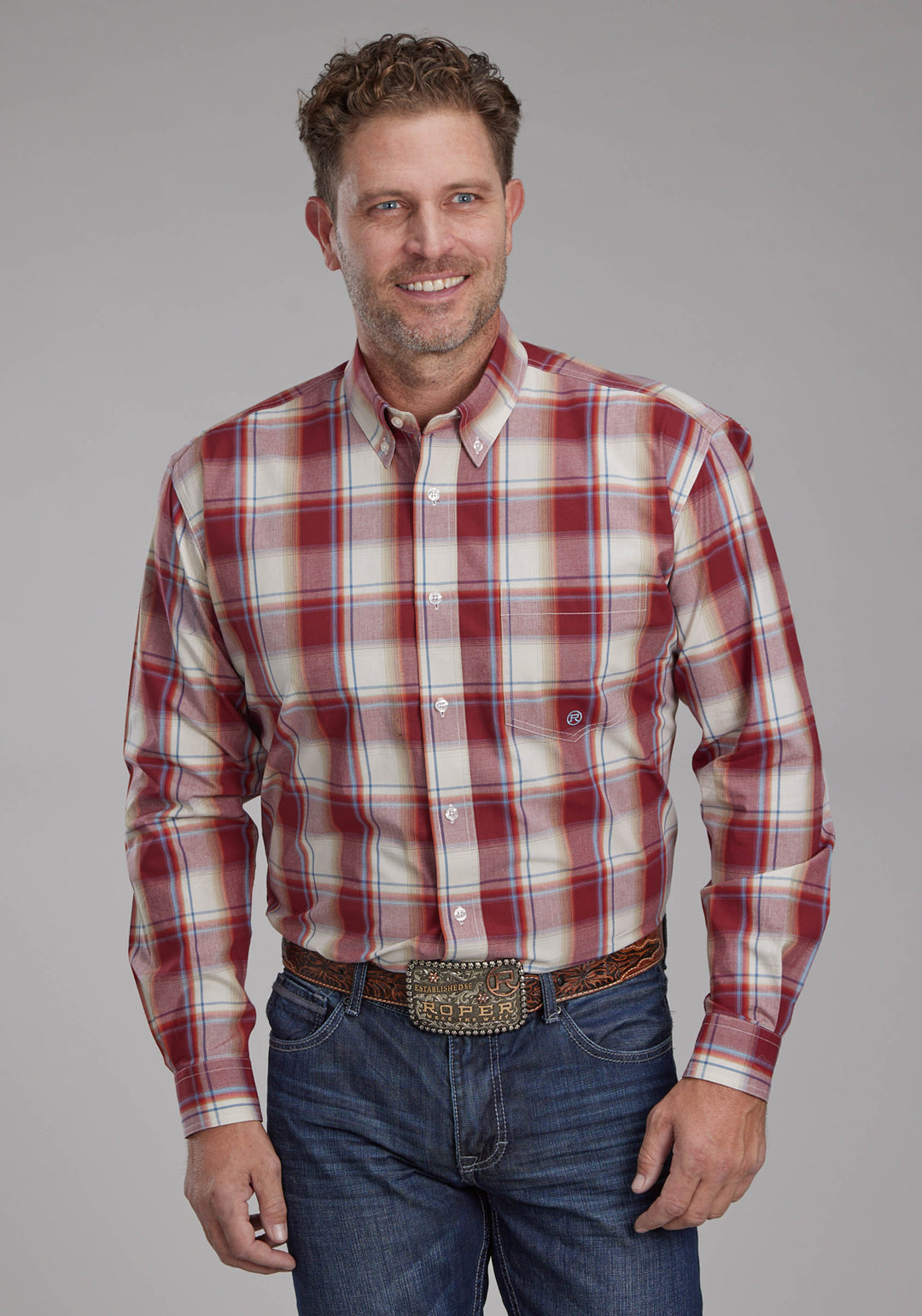 MENS '57 CHEVY PLAID LONG SLEEVE BUTTON WESTERN SHIRT