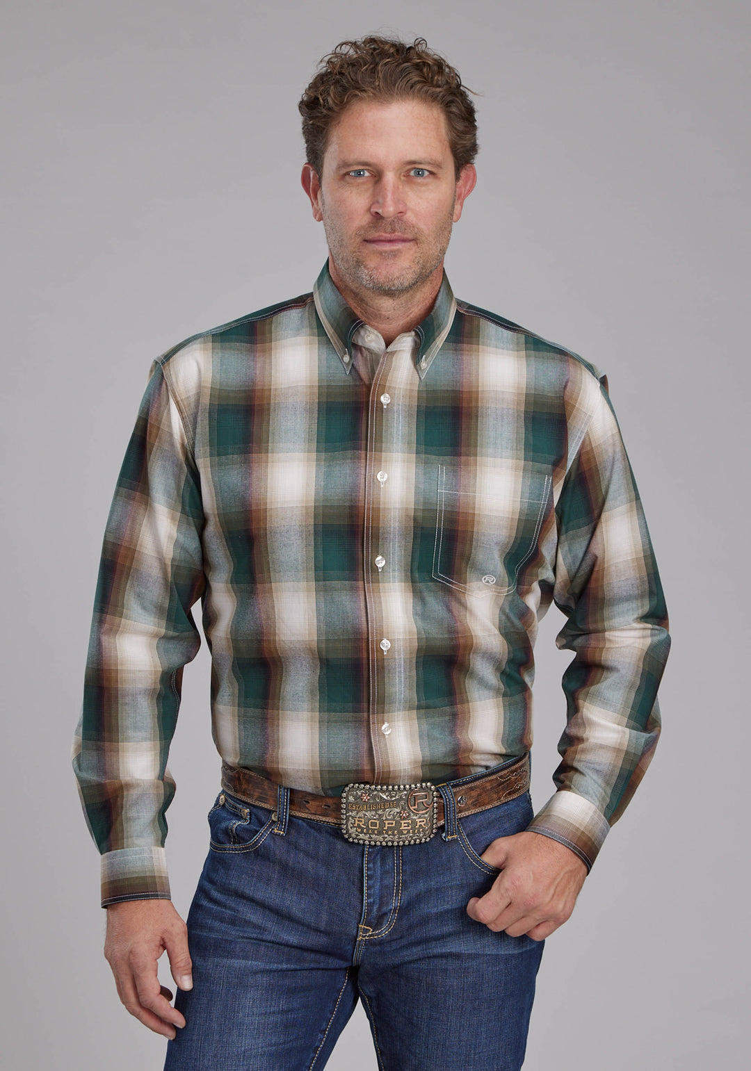 MENS TALL TREE PLAID LONG SLEEVE BUTTON WESTERN SHIRT