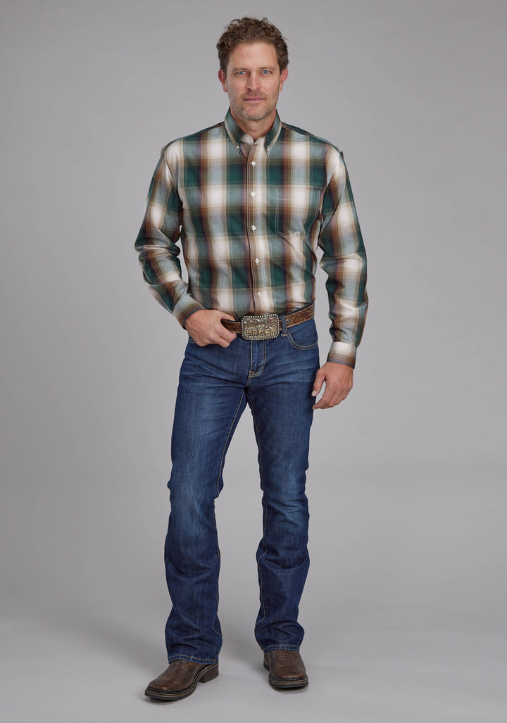 MENS TALL TREE PLAID LONG SLEEVE BUTTON WESTERN SHIRT