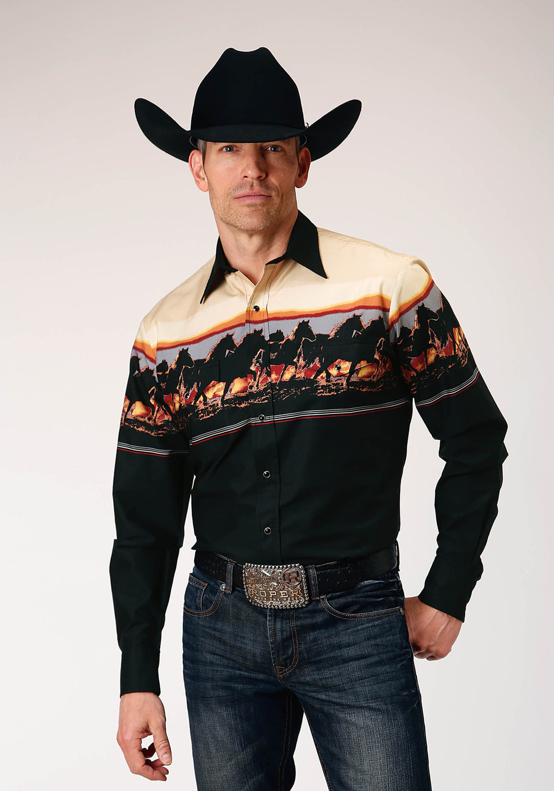 MENS LONG SLEEVE SNAP SCENIC HORSE BORDER WESTERN SHIRT